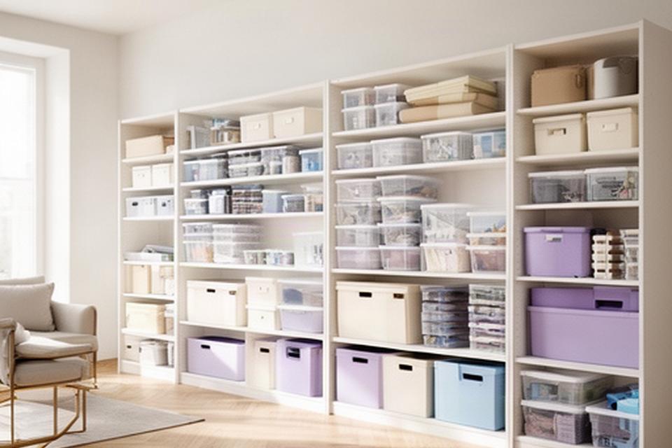 Ambiente de hogar luminoso con estanterías modulares blancas, contenedores apilables transparentes y cajas organizadoras sobre una pared despejada en un departamento moderno