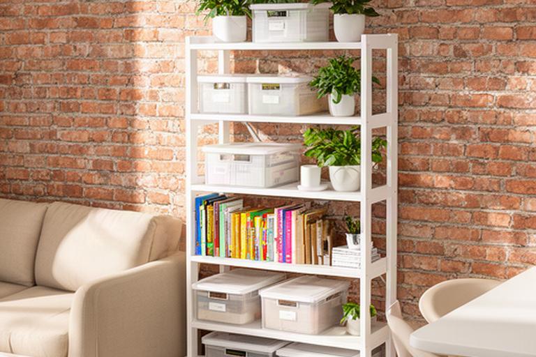 Estantería vertical blanca de cinco niveles contra una pared de ladrillo visto, con cajas organizadoras, plantas y libros en un living comedor luminoso